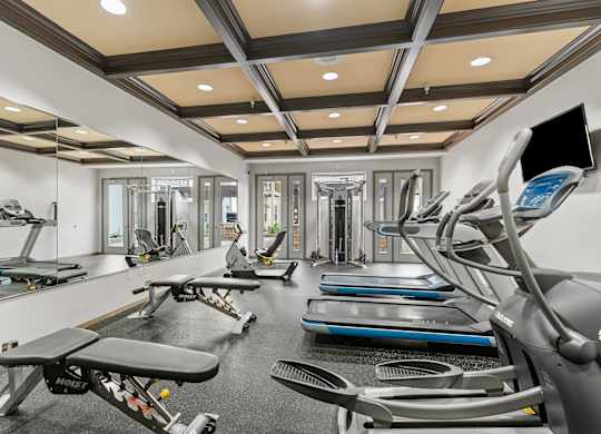 A gym with treadmills, exercise bikes, and other equipment.