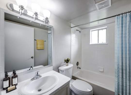 Bright bathroom with tub and shower combination at Coronado Springs Apartments in Palm Springs, FL. Modern fixtures in a pet-friendly apartment home.