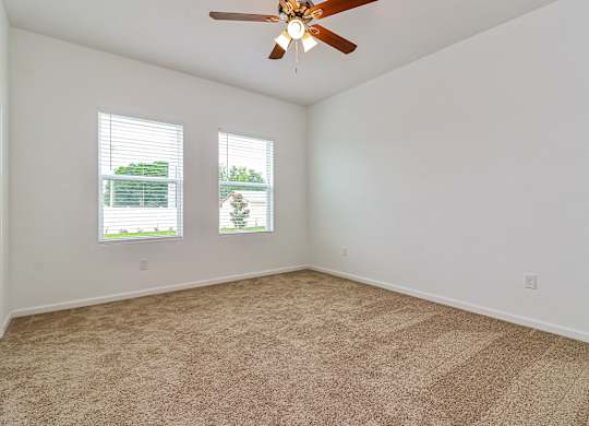 A room with a ceiling fan and carpeted floor.