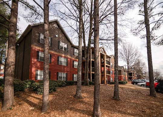 Exterior of apartment building at Flats at River View in Duluth, GA, near Lawrenceville.