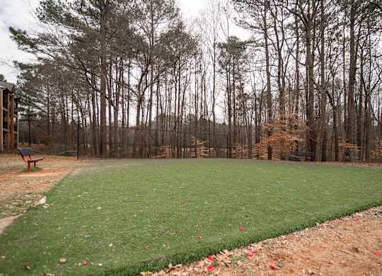Outdoor green field area for recreation at Flats at River View apartments in Duluth, GA, near Lawrenceville.