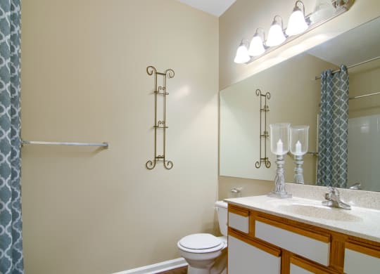 Enclave at Wolfchase Apartments in Cordova Tennessee photo of a bathroom with a toilet sink mirror and shower