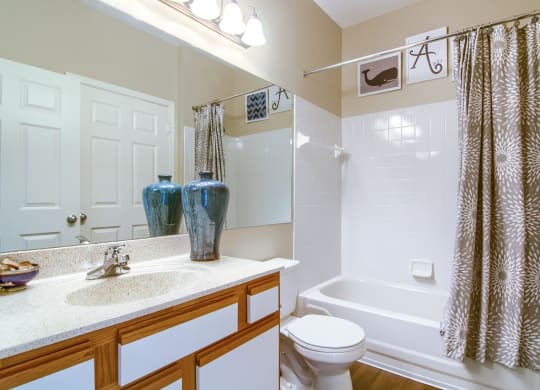 Enclave at Wolfchase Apartments in Cordova Tennessee photo of a bathroom with a white toilet next to a bathtub with a shower curtain