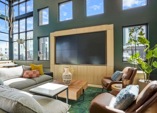 a living room with couches and chairs and a television