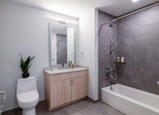 a bathroom with a toilet sink and shower and a mirror