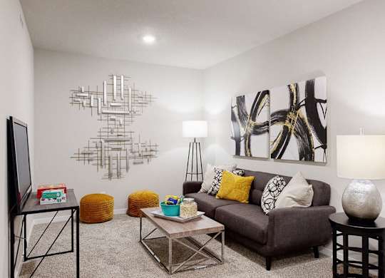 A modern living room with a grey couch, a coffee table, and a TV.