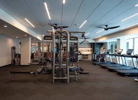 A gym with treadmills, weights, and exercise equipment.