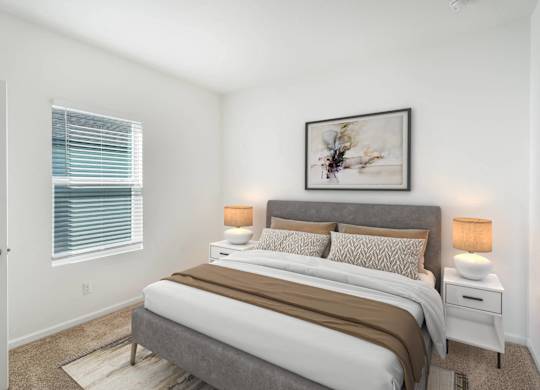 A bedroom with a bed, nightstands, and a painting on the wall.
