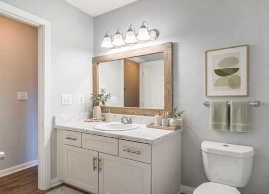 A bathroom with a white toilet, sink, and cabinets.
