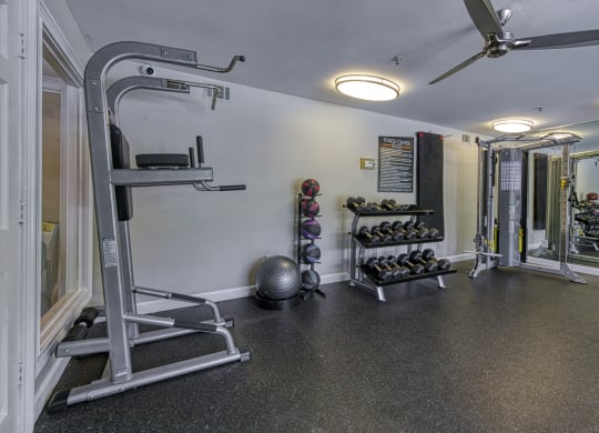a gym with weights and equipment in a home with white walls
