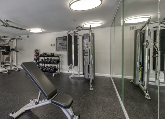 a gym with exercise equipment and mirrors in a home