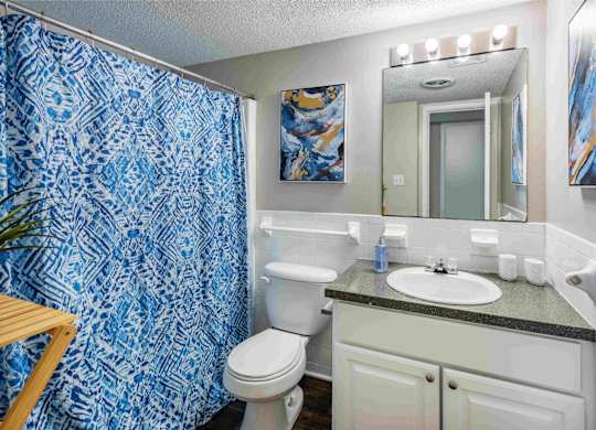 A bathroom with a toilet, sink, and shower curtain.