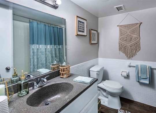 A bathroom with a sink, toilet, and shower.