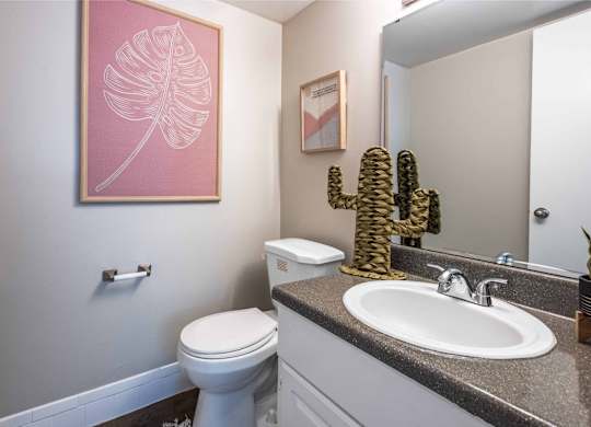 A bathroom with a toilet, sink, and a cactus.