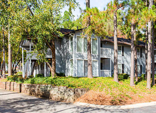 A house with a grey exterior is surrounded by trees.