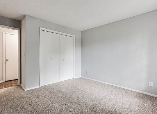 A room with a carpeted floor and two white doors.