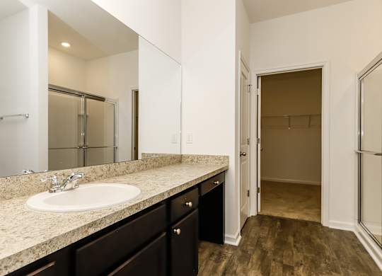 A bathroom with a sink, mirror, and wooden floor.