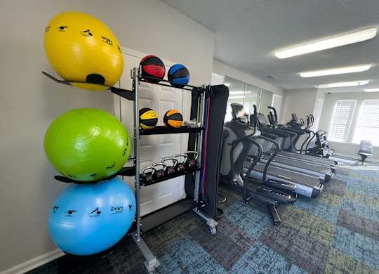 A gym with exercise balls and treadmills.