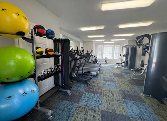 A gym with a variety of equipment including weights, exercise balls, and treadmills.