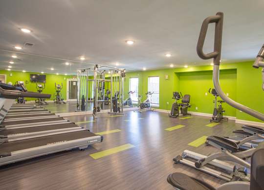 3-Bedroom Apartments In Fort Worth, TX - Monarch Pass - Fitness Center With Cardio Machines, Mirror Wall, Weight Lifting Machine, And TV.