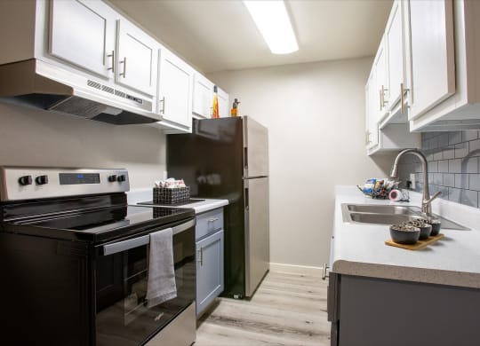 Dog-Friendly Apartments in Tucson, AZ - Peaks at Redington - Kitchen with Wood-Style Flooring, Two-Tone Cabinetry, Countertops, Double-Sink, and All-Electric Appliances.