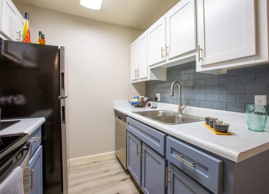 One-BR Apartments in Tucson, AZ - Peaks at Redington - Kitchen with Black and Stainless Steel Appliances, Blue and White Cabinets, Blue Tile Backsplash, and Wood-Style Flooring