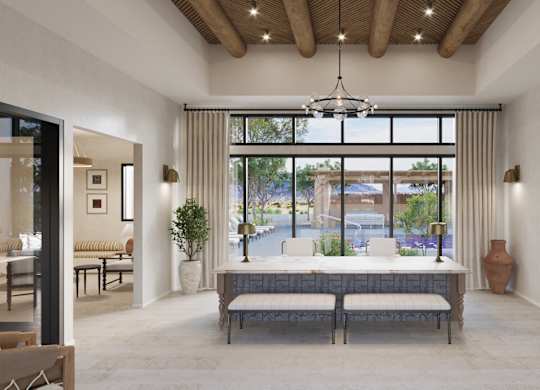 A modern living room with a large window and a view of the street.