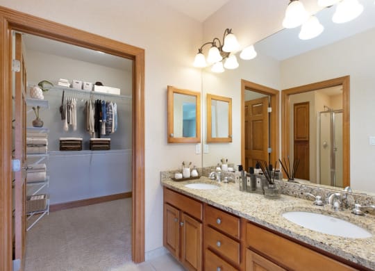 Laurel East End Apartments in Golden Valley, MN photo of a master bathroom with a double vanity and a large mirror