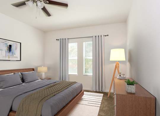 A bedroom with a bed, a nightstand, a lamp, and a painting on the wall.