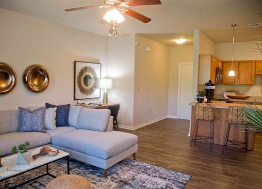 A living room with a grey couch and a ceiling fan.