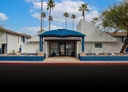 Exterior of the leasing office at Midtown on Seneca, a pet-friendly apartment community near East Central Tucson, Tucson, AZ.