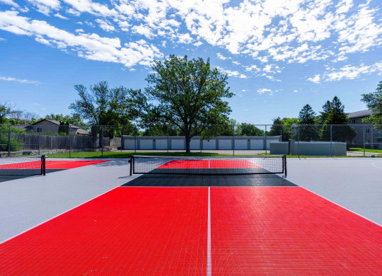 a tennis court with red and black turf and a tree