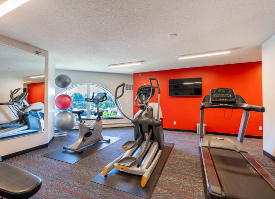 a gym with exercise equipment and a view of the city