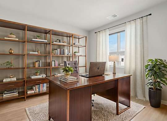 A room with a desk, a bookshelf, and a potted plant.