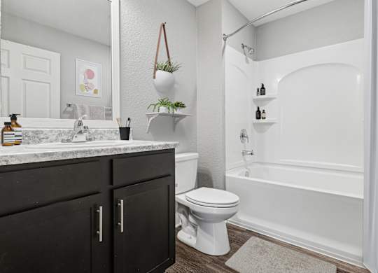 Pet-Friendly Rentals in Sevierville, TN – Overlook at Allensville – A white toilet sits next to a white bathtub in a bathroom.