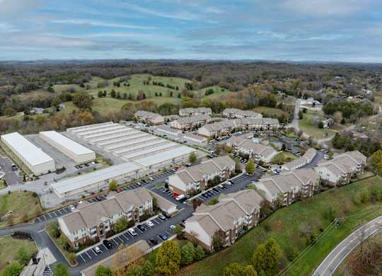 Pet-Friendly Rentals in Sevierville, TN – Overlook at Allensville – An aerial view of a large building complex surrounded by our apartment buildings.