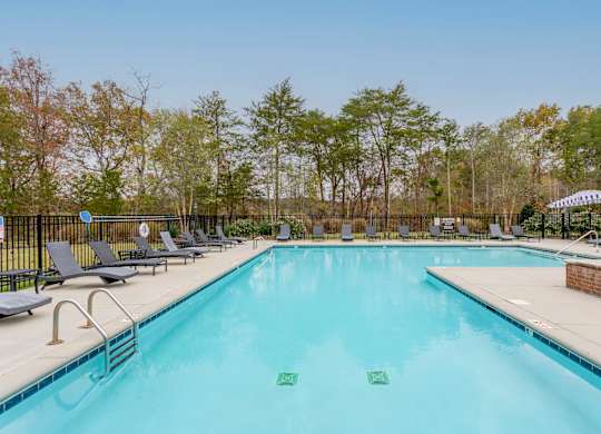 One, Two and Three- Bedroom Apartments for Rent in Sevierville, TN – Overlook at Allensville – A large swimming pool surrounded by trees and lounge chairs.
