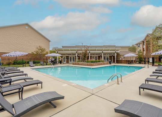 Pet-Friendly Rentals in Sevierville, TN – Overlook at Allensville – A pool surrounded by sun loungers and umbrellas.