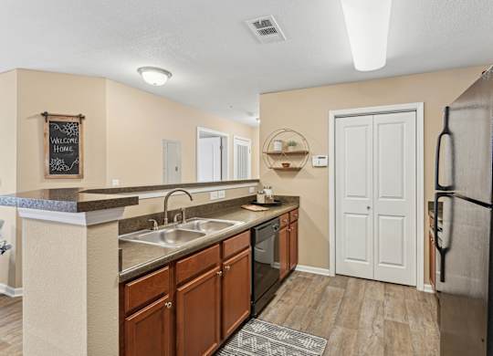 Apartments in Sevierville for Rent – Overlook at Allensville - A kitchen with a black fridge and a sink.