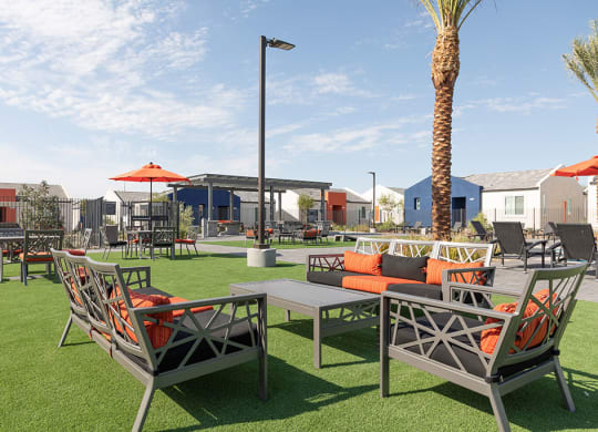 Community seating and gathering space at pet-friendly homes for rent North Las Vegas