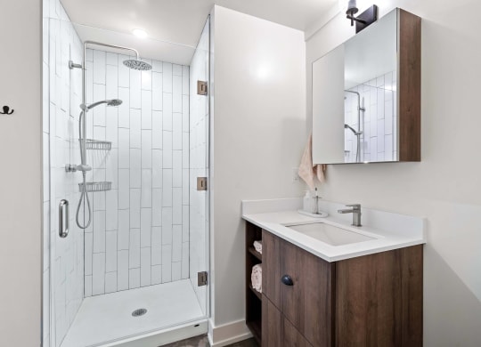 a bathroom with a shower and a sink and a mirror
