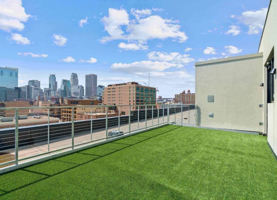 a view of the city from the rooftop of a building with grass