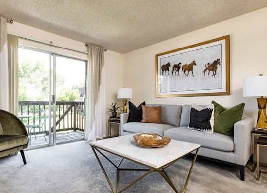 Cozy living room with neutral paint and natural light at Trailgrove Apartments on South Quebec Street in Southeast Denver.