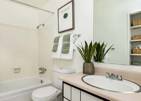 Classic bathroom inside Trailgrove Apartments in Denver with full tub and shower.