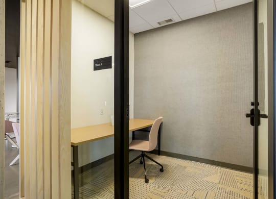 a room with a desk and a chair in it