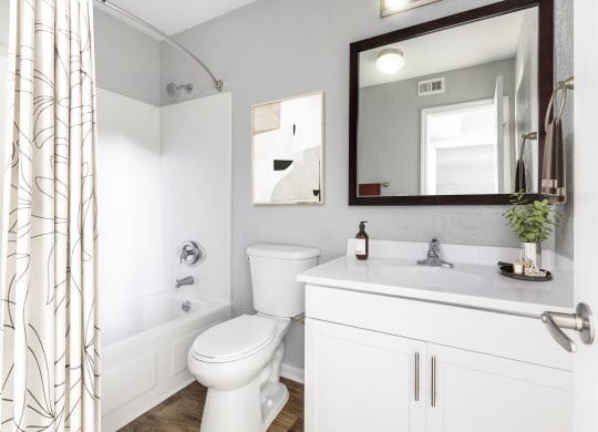 Reserve at Providence Apartment in Charlotte NC photo of a bathroom with a white toilet next to a white bathtub and a white sink