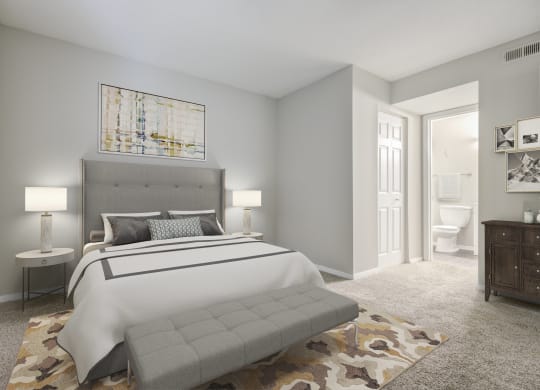 the timbers raleigh nc apartments for rent bedroom with large window and modern bedroom furnishings and matching artwork and area rug on top of plush carpet next to master bathroom