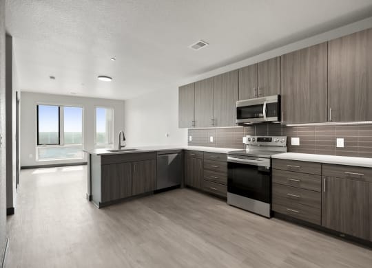 a kitchen with dark wood cabinets and white countertops