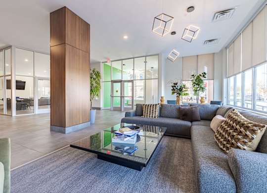 A modern living room with a grey couch and a glass coffee table.