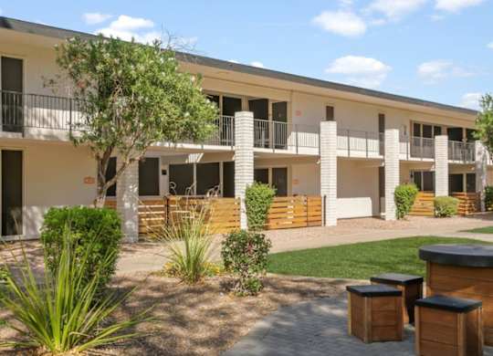 Exterior of pet-friendly apartment building at Sentry Tempe in Tempe near Mesa, Arizona